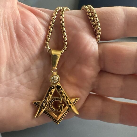 Men's Free Mason Stainless Steel Freemason Symbol Masonic Pendant Chain Gold - Picture 5 of 6